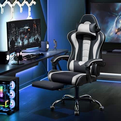 Chaise Gaming Yaheetech Massante Ergonomique Noir Blanc avec Repose-Pieds