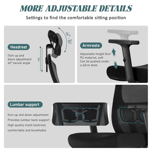 Chaise de Bureau Durrafy Ergonomique avec Accoudoirs et Appuie-Tête Réglables