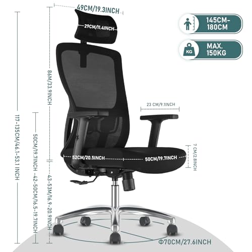Chaise de Bureau Durrafy Ergonomique avec Accoudoirs et Appuie-Tête Réglables