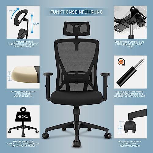 Chaise de Bureau Ergonomique Durrafy avec Appuie-Tête et Accoudoirs Réglables