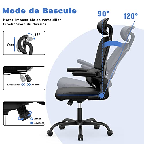 Chaise de Bureau Ergonomique Noir avec Support Lombaire et Dossier Réglable