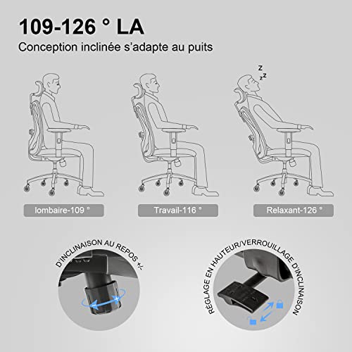 Chaise de Bureau Ergonomique SIHOO en Maille, Soutien Lombaire, Noir 150 KG