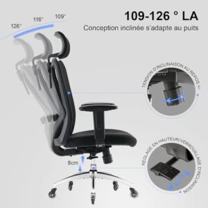 Chaise de Bureau Ergonomique SIHOO en Maille, Soutien Lombaire, Noir 150 KG