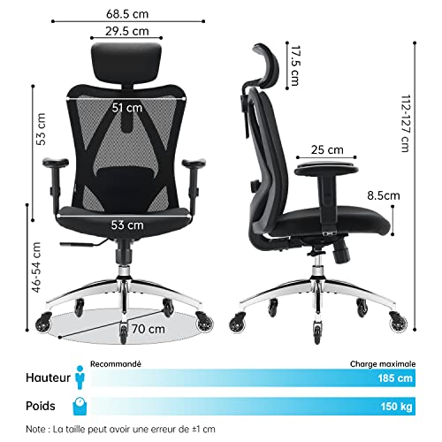 Chaise de Bureau Ergonomique SIHOO en Maille, Soutien Lombaire, Noir 150 KG