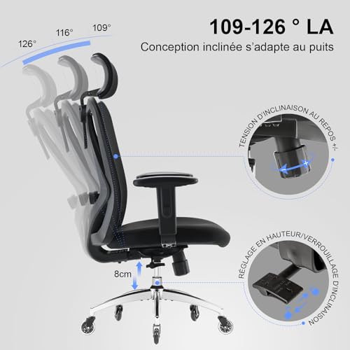 Chaise de Bureau Ergonomique SIHOO en Maille, Soutien Lombaire, Noir 150 KG