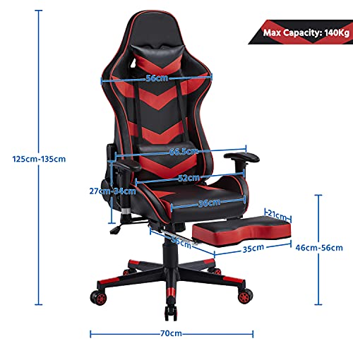 Chaise de Bureau Ergonomique Yaheetech Noir Rouge, Fauteuil Gaming Ajustable 140kg