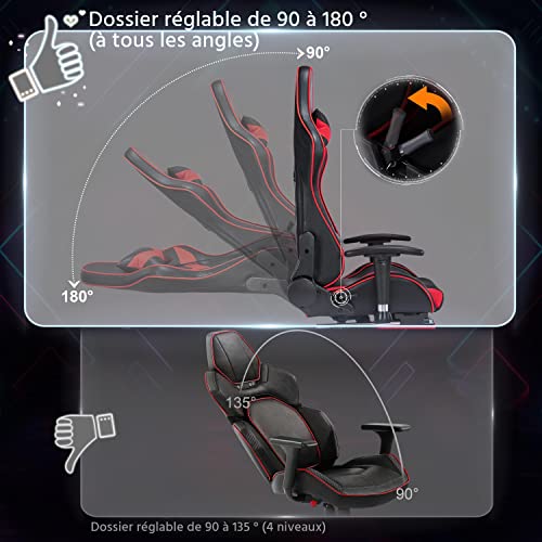 Chaise de Bureau Ergonomique Yaheetech Noir Rouge, Fauteuil Gaming Ajustable 140kg