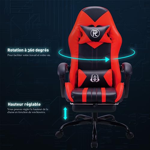 Chaise de Bureau Ergonomique en Cuir Rouge avec Repose-Pieds