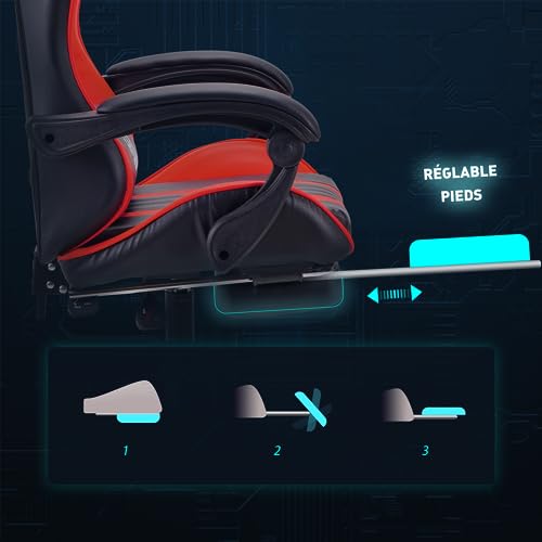 Chaise de Bureau Ergonomique en Cuir Rouge avec Repose-Pieds