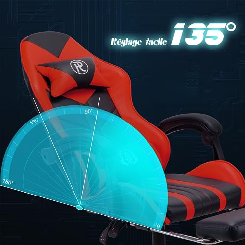 Chaise de Bureau Ergonomique en Cuir Rouge avec Repose-Pieds
