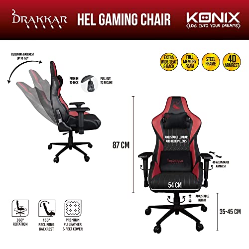 Chaise de Bureau Gaming Konix Drakkar Hel – Inclinaison 150° Noir Rouge