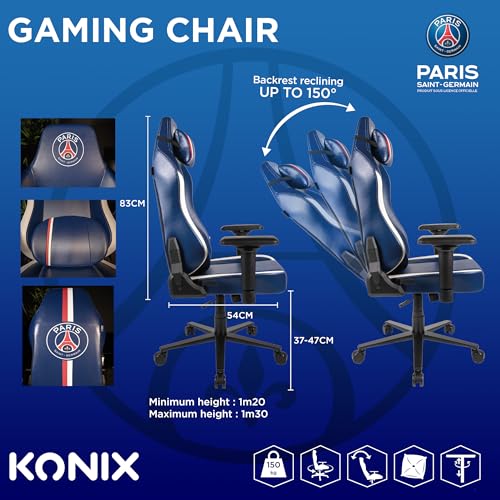 Chaise de Bureau Gaming Konix PSG Premium – Inclinaison 150° – Cuir Bleu