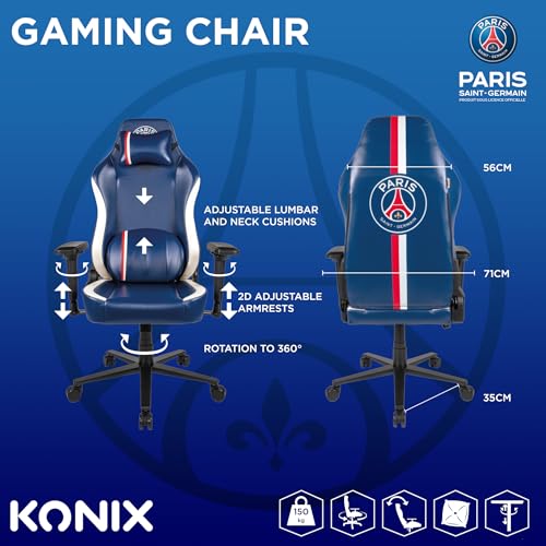 Chaise de Bureau Gaming Konix PSG Premium – Inclinaison 150° – Cuir Bleu