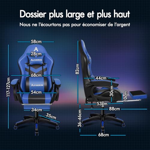 Chaise de Gamer Ergonomique ALFORDSON avec Coussin Lombaire et Appui-tête, Bleue