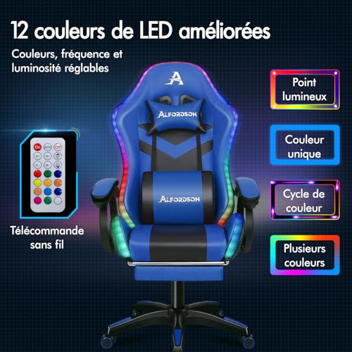Chaise de Gamer Ergonomique ALFORDSON avec Coussin Lombaire et Appui-tête, Bleue