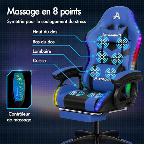 Chaise de Gamer Ergonomique ALFORDSON avec Coussin Lombaire et Appui-tête, Bleue
