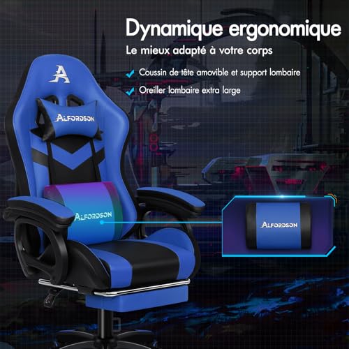 Chaise de Gamer Ergonomique ALFORDSON avec Coussin Lombaire et Appui-tête, Bleue