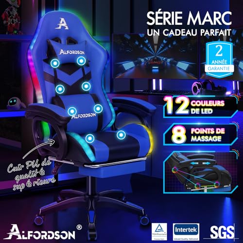 Chaise de Gamer Ergonomique ALFORDSON avec Coussin Lombaire et Appui-tête, Bleue