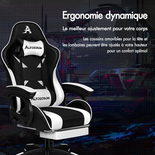 Chaise de Gaming ALFORDSON Ergonomique Massante 2 Points avec Repose-Pieds Blanc