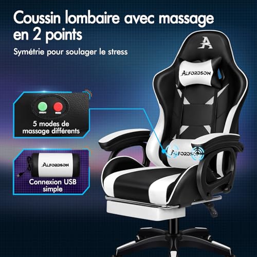Chaise de Gaming ALFORDSON Ergonomique Massante 2 Points avec Repose-Pieds Blanc