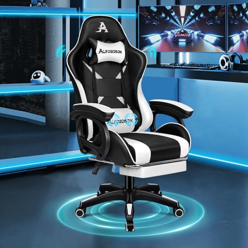 Chaise de Gaming ALFORDSON Ergonomique Massante 2 Points avec Repose-Pieds Blanc