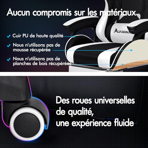 Chaise de Gaming ALFORDSON Ergonomique Massante 2 Points avec Repose-Pieds Blanc