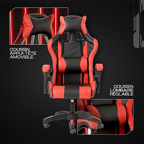 Chaise de Gaming Baroni Home Ergonomique Rouge avec Dossier Réglable et Appui-tête