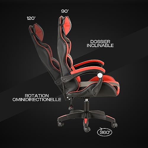 Chaise de Gaming Baroni Home Ergonomique Rouge avec Dossier Réglable et Appui-tête