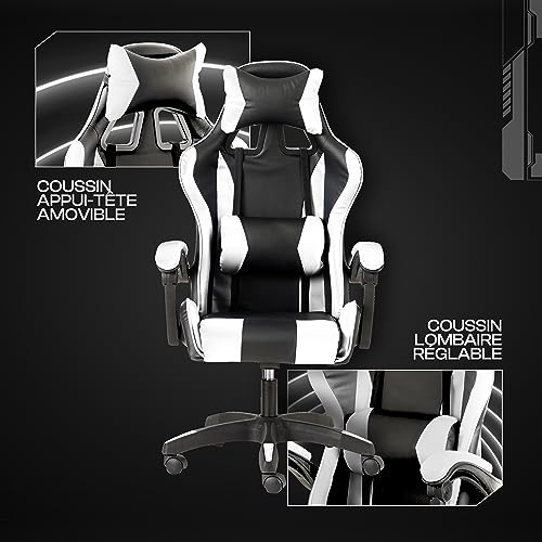Chaise de Gaming Baroni Home Ergonomique avec Dossier Réglable, Blanc