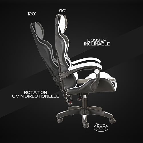 Chaise de Gaming Baroni Home Ergonomique avec Dossier Réglable, Blanc