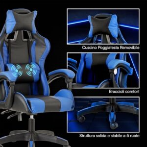 Chaise de Gaming Ergonomique Baroni Home avec Massage Lombaire, Inclinable et Réglable.