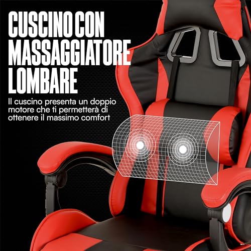 Chaise de Gaming Ergonomique Baroni Home avec Massage Lombaire Rouge 50x55x117 cm