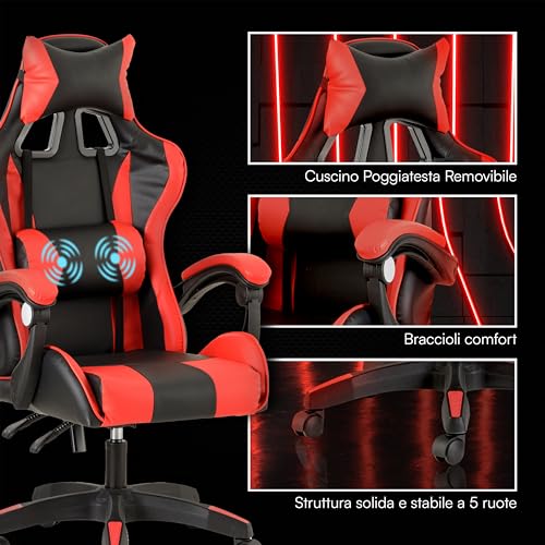Chaise de Gaming Ergonomique Baroni Home avec Massage Lombaire Rouge 50x55x117 cm