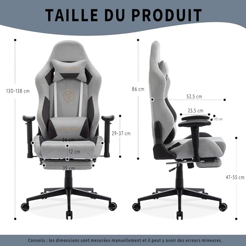 Chaise de Gaming Ergonomique STARUZI 180 kg avec Repose-Pieds – Grise