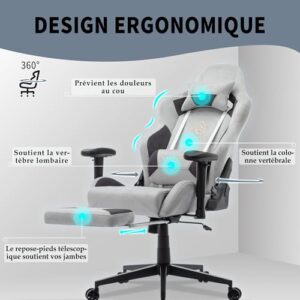 Chaise de Gaming Ergonomique STARUZI 180 kg avec Repose-Pieds – Grise