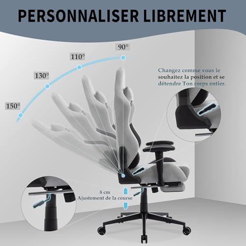 Chaise de Gaming Ergonomique STARUZI 180 kg avec Repose-Pieds – Grise