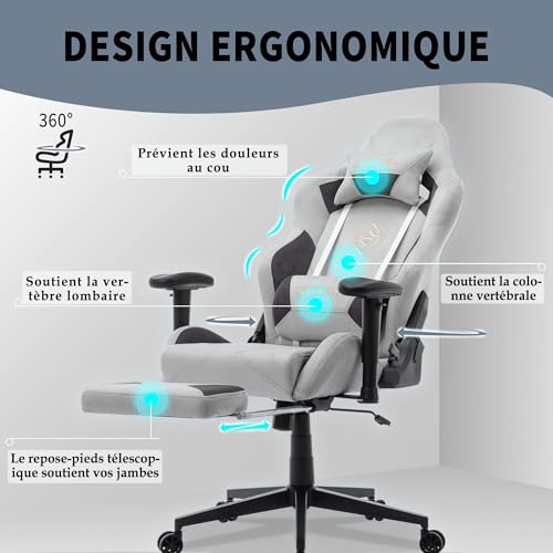 Chaise de Gaming Ergonomique STARUZI 180 kg avec Repose-Pieds – Grise