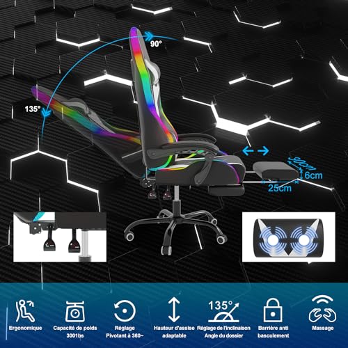 Chaise de Gaming Ergonomique wwwoko LED avec Massage et Repose-Pieds (Blanc)