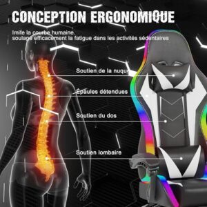 Chaise de Gaming Ergonomique wwwoko LED avec Massage et Repose-Pieds (Blanc)