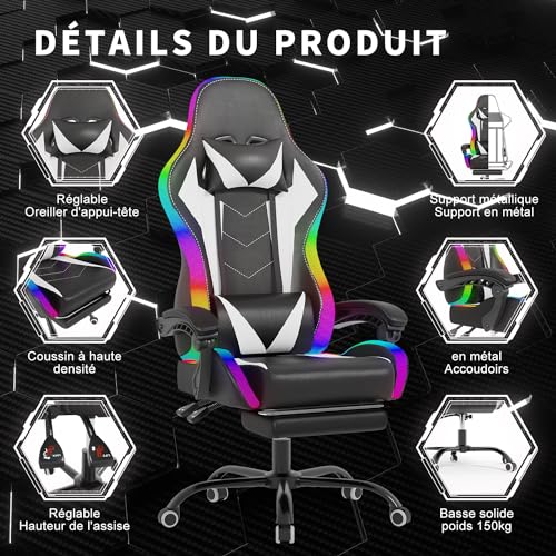 Chaise de Gaming Ergonomique wwwoko LED avec Massage et Repose-Pieds (Blanc)