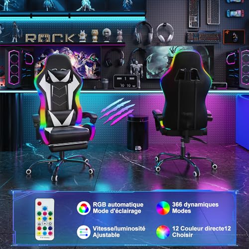 Chaise de Gaming Ergonomique wwwoko LED avec Massage et Repose-Pieds (Blanc)