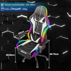 Chaise de Gaming Ergonomique wwwoko LED avec Massage et Repose-Pieds (Blanc)
