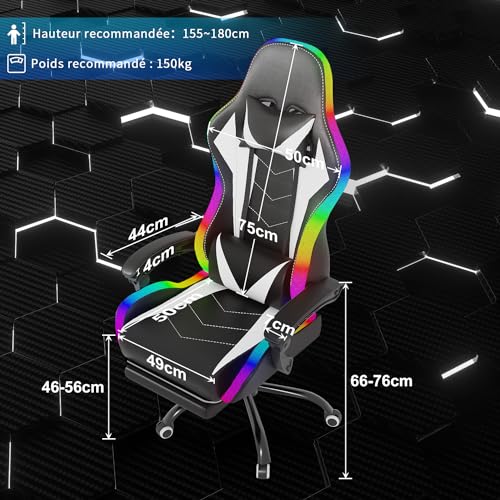 Chaise de Gaming Ergonomique wwwoko LED avec Massage et Repose-Pieds (Blanc)
