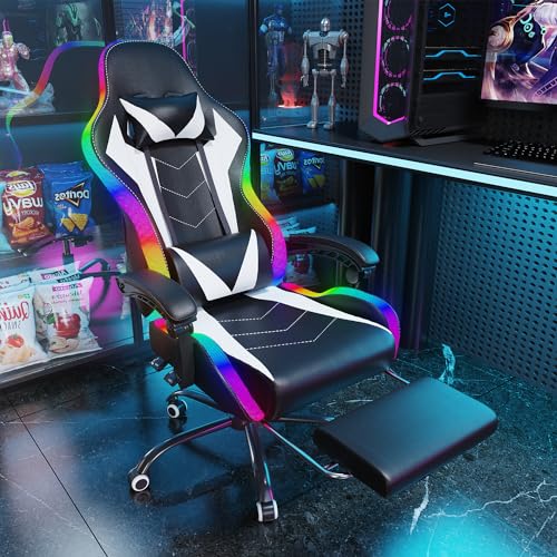 Chaise de Gaming Ergonomique wwwoko LED avec Massage et Repose-Pieds (Blanc)