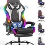 Chaise de Gaming Ergonomique wwwoko LED avec Massage et Repose-Pieds (Blanc)