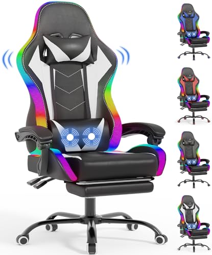 Chaise de Gaming Ergonomique wwwoko LED avec Massage et Repose-Pieds (Blanc)
