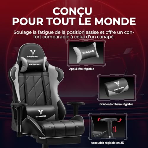Chaise de Gaming Exracing Ergonomique Dossier Bionique Cuir Synthétique – 150 kg – Gris