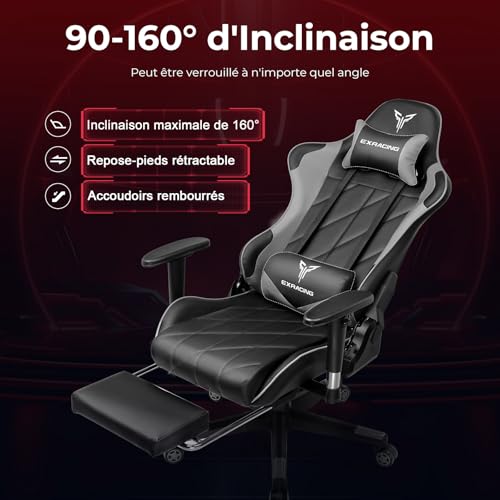 Chaise de Gaming Exracing Ergonomique Dossier Bionique Cuir Synthétique – 150 kg – Gris