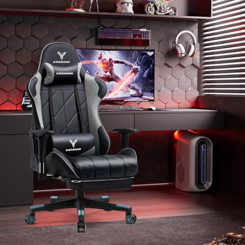 Chaise de Gaming Exracing Ergonomique Dossier Bionique Cuir Synthétique – 150 kg – Gris