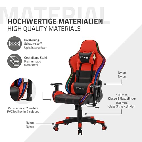 Chaise de Jeu Ergonomique ML-Design avec LED RGB et Bluetooth Rouge